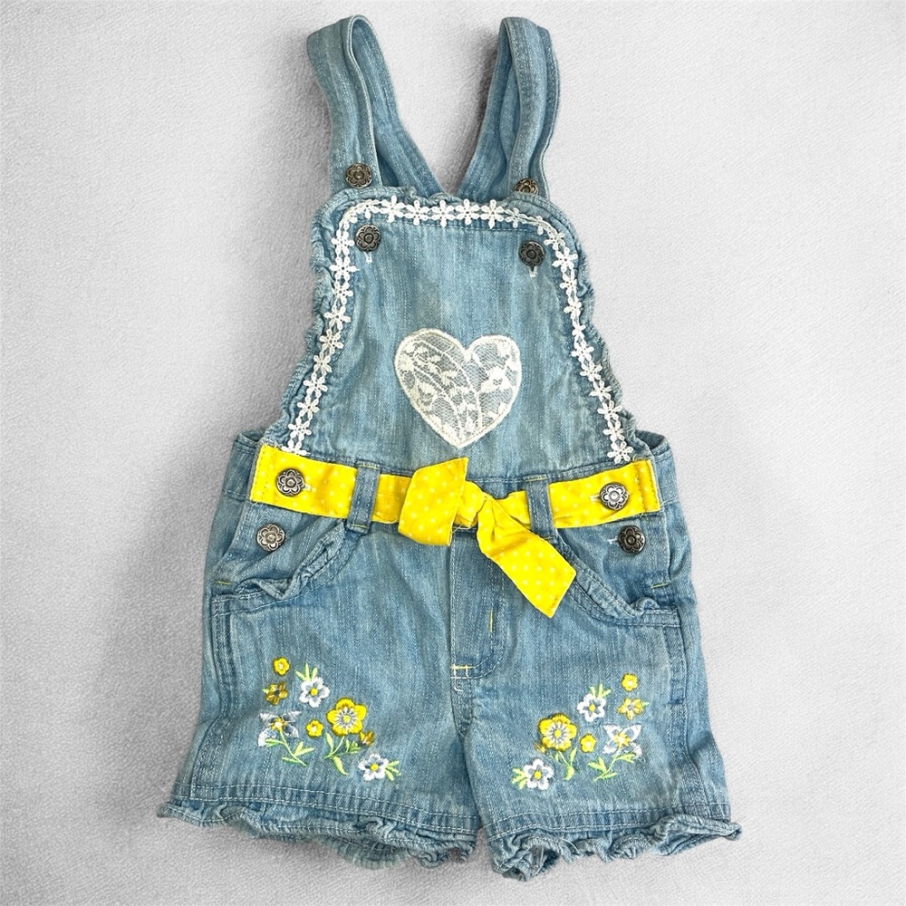 90s Vintage Girls Size 2T Denim Overall Shorts Embroidered Floral Bib Front